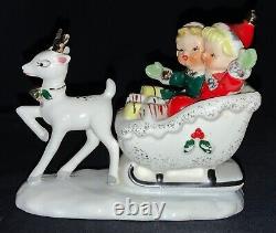 Vintage! Christmas Ceramic Figurine Girls In Sleigh Pulled By Deer