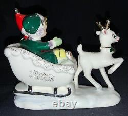 Vintage! Christmas Ceramic Figurine Girls In Sleigh Pulled By Deer