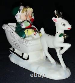 Vintage! Christmas Ceramic Figurine Girls In Sleigh Pulled By Deer