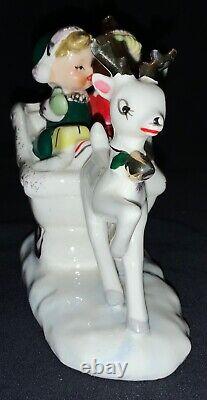 Vintage! Christmas Ceramic Figurine Girls In Sleigh Pulled By Deer