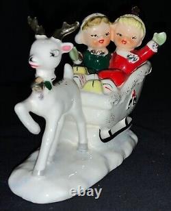 Vintage! Christmas Ceramic Figurine Girls In Sleigh Pulled By Deer