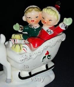 Vintage! Christmas Ceramic Figurine Girls In Sleigh Pulled By Deer