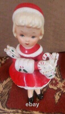 Vintage Christmas Girl Figurine Basket Candy Cane Holly Gift Japan Shopper