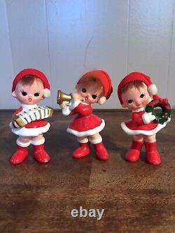 Vintage Christmas Girl Playing Music Accordion Wreath Marked Japan Set of 3