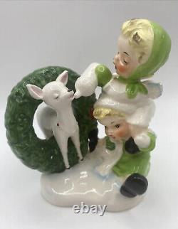 Vintage? Christmas Piggy Back Boy Girl Angels Befriend Reindeer? Figurine Japan