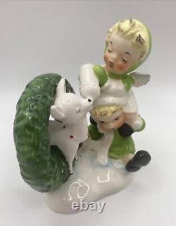 Vintage? Christmas Piggy Back Boy Girl Angels Befriend Reindeer? Figurine Japan