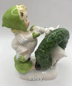 Vintage? Christmas Piggy Back Boy Girl Angels Befriend Reindeer? Figurine Japan