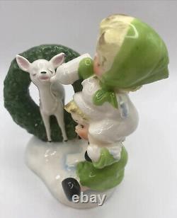 Vintage? Christmas Piggy Back Boy Girl Angels Befriend Reindeer? Figurine Japan