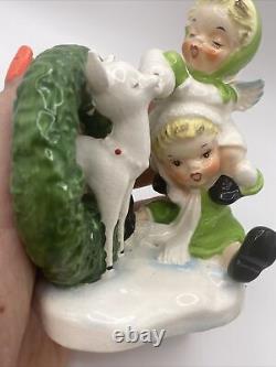 Vintage? Christmas Piggy Back Boy Girl Angels Befriend Reindeer? Figurine Japan