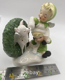 Vintage? Christmas Piggy Back Boy Girl Angels Befriend Reindeer? Figurine Japan