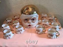 Vintage Christmas Santa Face Punch Bowl Set With LID Plus 8 Santa Mugs