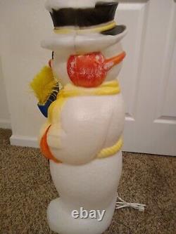 Vintage Christmas Snow Man Blow Mold Figure With Hat And Real Broom 30 Tall