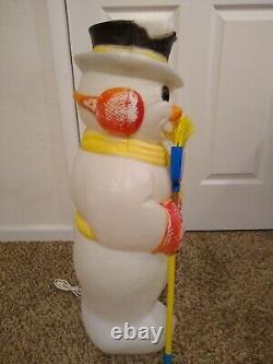 Vintage Christmas Snow Man Blow Mold Figure With Hat And Real Broom 30 Tall