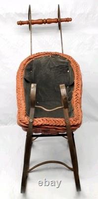 Vintage Christmas Victorian Sleigh Wood Wicker Wrought Iron Lined in Fabric