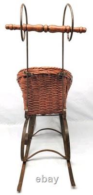 Vintage Christmas Victorian Sleigh Wood Wicker Wrought Iron Lined in Fabric