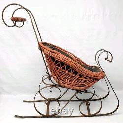 Vintage Christmas Victorian Sleigh Wood Wicker Wrought Iron Lined in Fabric