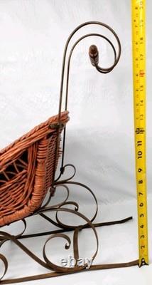 Vintage Christmas Victorian Sleigh Wood Wicker Wrought Iron Lined in Fabric