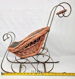Vintage Christmas Victorian Sleigh Wood Wicker Wrought Iron Lined in Fabric