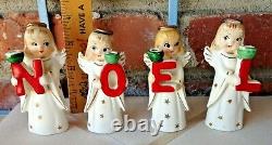 Vintage Commodore Japan Porcelain N O E L Caroling Angel Set 4 Candle Holders