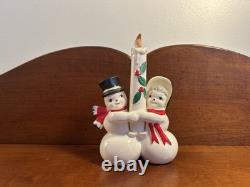 Vintage Commodore Snowman and Snow Lady Holly Candle 5.5 x 3.75 has crazing Vintage Commodore Snowman and Snow Lady Holly Candle 5.5 x 3.75 has crazing