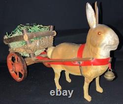 Vintage Easter Figurine Composition Bunny Rabbit Pulling Wooden Cart