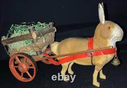 Vintage Easter Figurine Composition Bunny Rabbit Pulling Wooden Cart