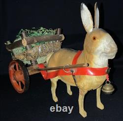 Vintage Easter Figurine Composition Bunny Rabbit Pulling Wooden Cart
