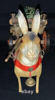 Vintage Easter Figurine Composition Bunny Rabbit Pulling Wooden Cart