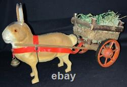 Vintage Easter Figurine Composition Bunny Rabbit Pulling Wooden Cart