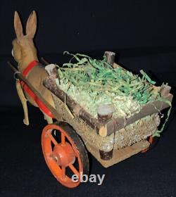 Vintage Easter Figurine Composition Bunny Rabbit Pulling Wooden Cart
