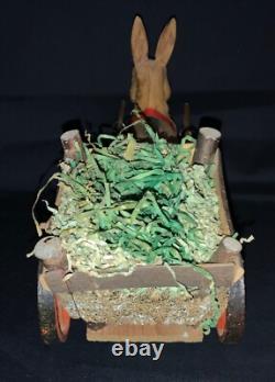 Vintage Easter Figurine Composition Bunny Rabbit Pulling Wooden Cart