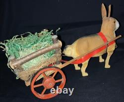 Vintage Easter Figurine Composition Bunny Rabbit Pulling Wooden Cart