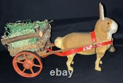Vintage Easter Figurine Composition Bunny Rabbit Pulling Wooden Cart