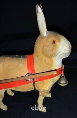 Vintage Easter Figurine Composition Bunny Rabbit Pulling Wooden Cart