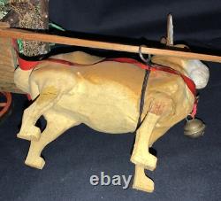 Vintage Easter Figurine Composition Bunny Rabbit Pulling Wooden Cart