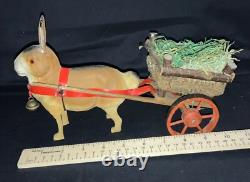 Vintage Easter Figurine Composition Bunny Rabbit Pulling Wooden Cart