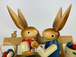 Vintage Erzgebirge Wooden Kissing Rabbits Sitting on A Park Bench EASTER 16