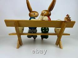 Vintage Erzgebirge Wooden Kissing Rabbits Sitting on A Park Bench EASTER 16
