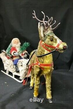 Vintage FAO Schwartz Santa with Reindeer and Wicker Sleigh with Toys