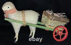 Vintage Felted Stick Leg Wool Sheep Pulling Wheeled Wooden Cart Container