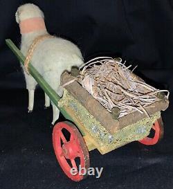 Vintage Felted Stick Leg Wool Sheep Pulling Wheeled Wooden Cart Container