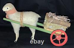 Vintage Felted Stick Leg Wool Sheep Pulling Wheeled Wooden Cart Container