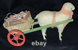 Vintage Felted Stick Leg Wool Sheep Pulling Wheeled Wooden Cart Container