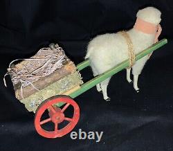 Vintage Felted Stick Leg Wool Sheep Pulling Wheeled Wooden Cart Container