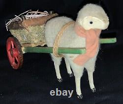 Vintage Felted Stick Leg Wool Sheep Pulling Wheeled Wooden Cart Container