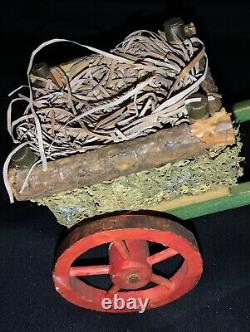 Vintage Felted Stick Leg Wool Sheep Pulling Wheeled Wooden Cart Container