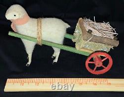 Vintage Felted Stick Leg Wool Sheep Pulling Wheeled Wooden Cart Container