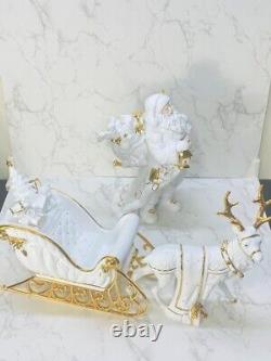 Vintage Gold Gilded Porcelain Santa, Sleigh & Reindeer Set