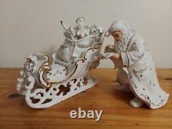 Vintage Grandeur Noel Porcelain Santa With Sleigh White With Gold Trim Large Set