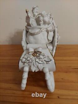 Vintage Grandeur Noel Porcelain Santa With Sleigh White With Gold Trim Large Set